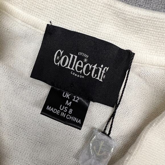 Collectif Cardigan Sweater Womens 8 White Flower Knit Collared Preppy Cropped - Picture 5 of 8